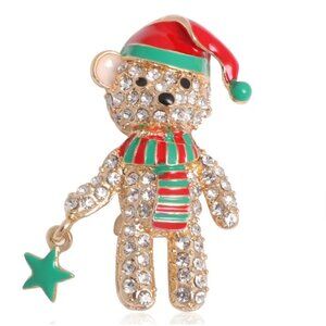 Christmas Teddy Bear Brooch Pin W/ Rhinestones & Enamel